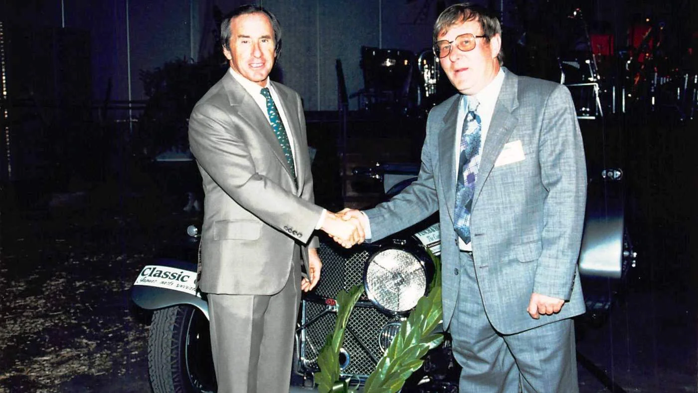 Ray Finch with Jackie Stewart and the award winning Finch SS100 after the Grand Prix Rally 1992