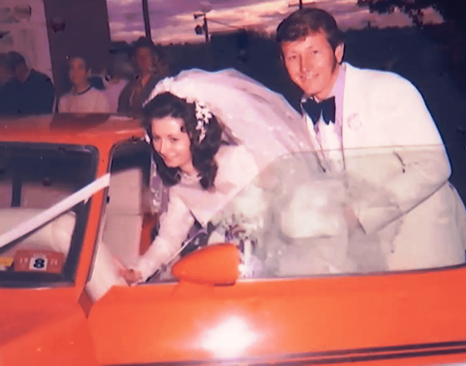 The newly weds embarking their XA wedding car in 1974